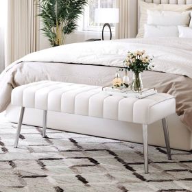 Mid-Century Modern End of Bed Bench with White PU Leather Seat and Tapered Legs Mid-Century Modern End of Bed Bench with White PU Leather Seat and Tapered Legs